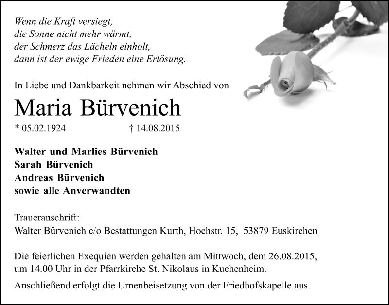 Traueranzeige für Maria Bürvenich vom 23.08.2015 aus  Blickpunkt Euskirchen 