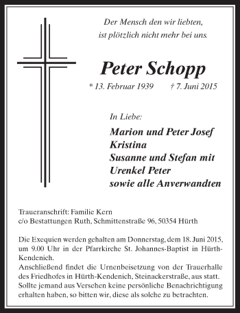 Anzeige von Peter Schopp von  Wochenende 