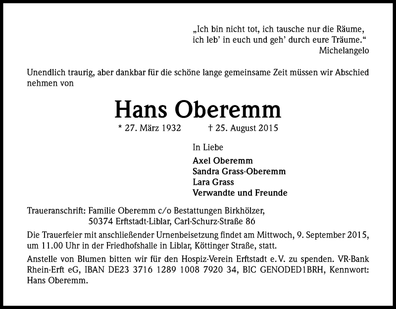  Traueranzeige für Hans Oberemm vom 04.09.2015 aus Kölner Stadt-Anzeiger / Kölnische Rundschau / Express