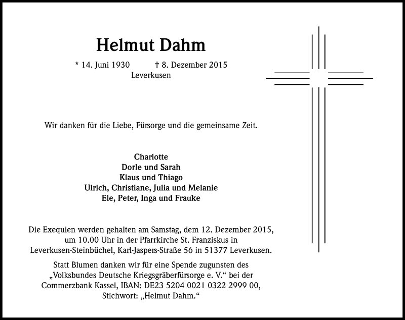  Traueranzeige für Helmut Dahm vom 11.12.2015 aus Kölner Stadt-Anzeiger / Kölnische Rundschau / Express