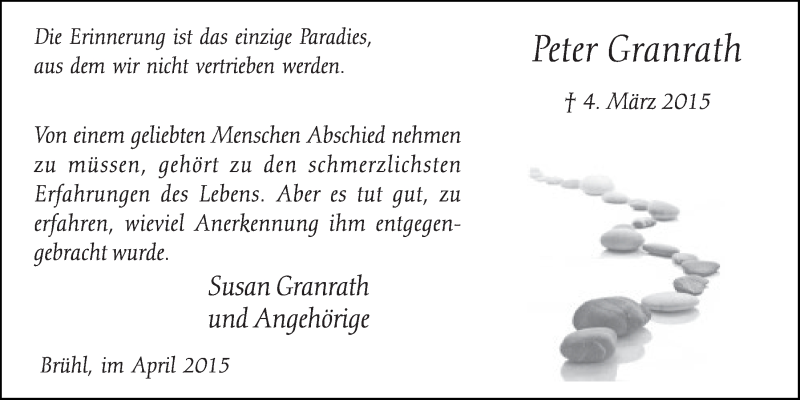  Traueranzeige für Peter Granrath vom 08.04.2015 aus  Schlossbote/Werbekurier 