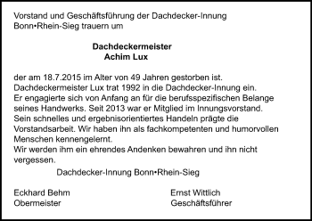 Anzeige von Achim Lux von Kölner Stadt-Anzeiger / Kölnische Rundschau / Express