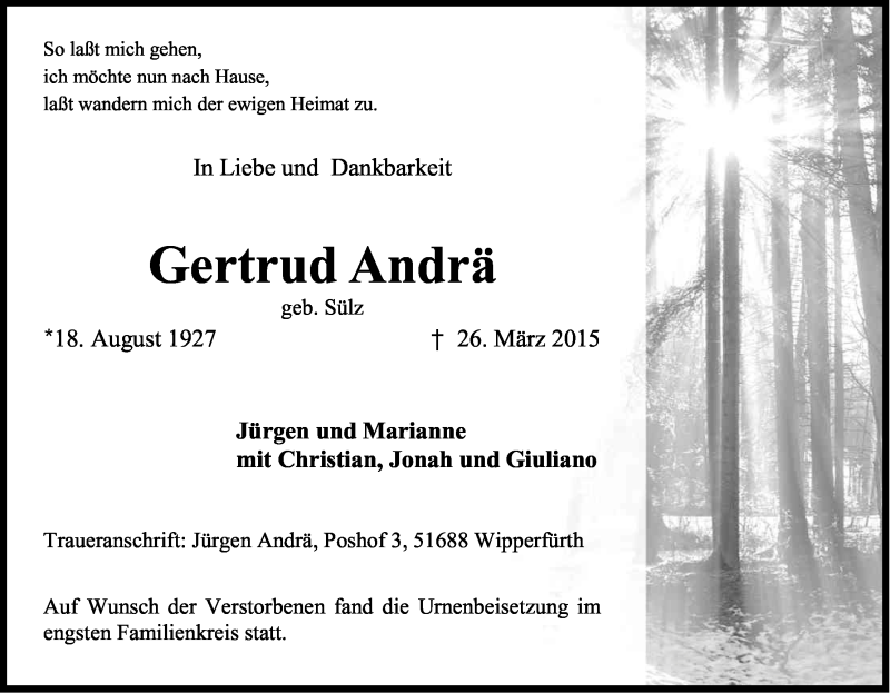  Traueranzeige für Gertrud Andrä vom 11.04.2015 aus Kölner Stadt-Anzeiger / Kölnische Rundschau / Express