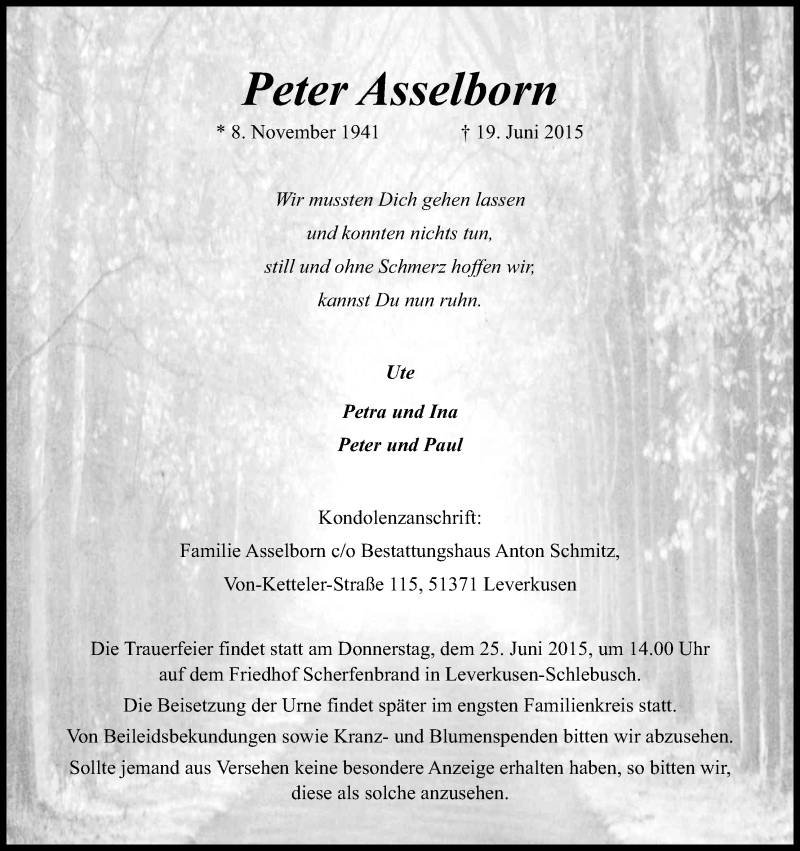  Traueranzeige für Peter Asselborn vom 23.06.2015 aus Kölner Stadt-Anzeiger / Kölnische Rundschau / Express
