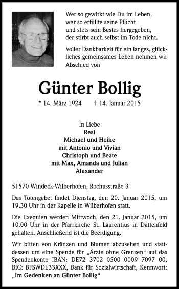 Anzeige von Günter Bollig von Kölner Stadt-Anzeiger / Kölnische Rundschau / Express