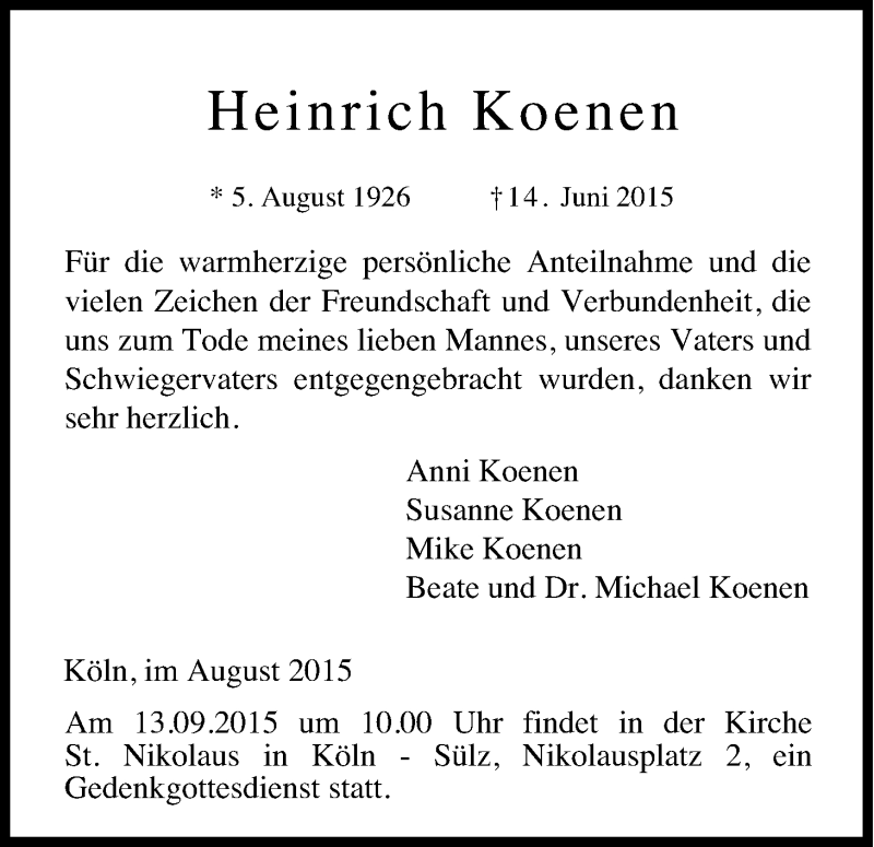  Traueranzeige für Heinrich Koenen vom 29.08.2015 aus Kölner Stadt-Anzeiger / Kölnische Rundschau / Express