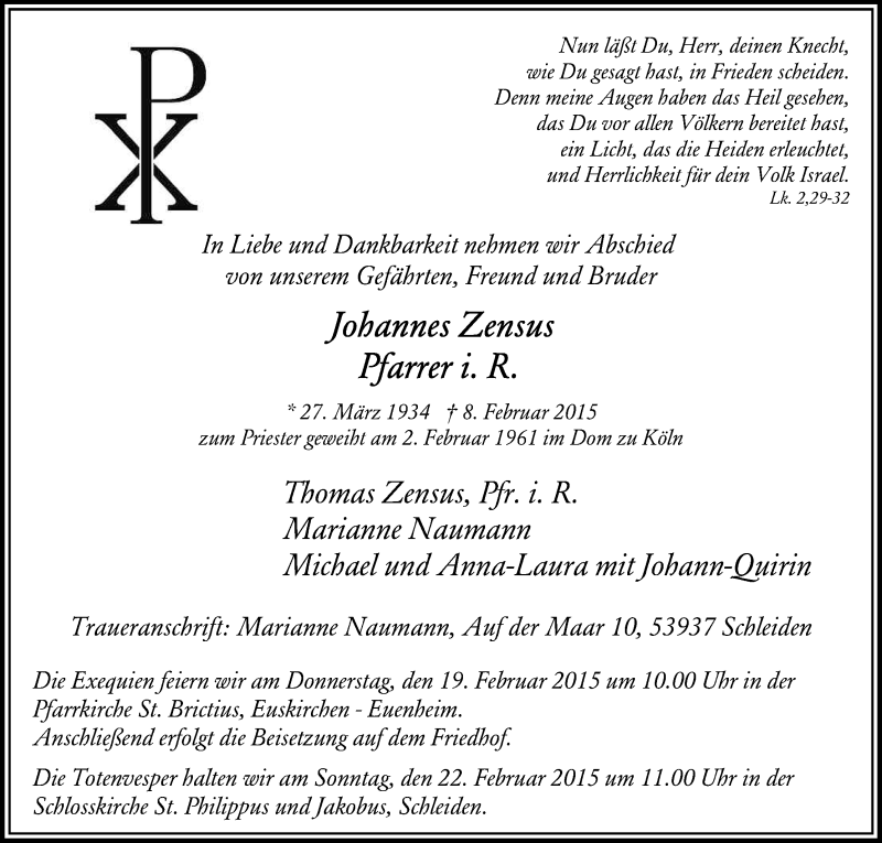  Traueranzeige für Johannes Zensus vom 14.02.2015 aus Kölner Stadt-Anzeiger / Kölnische Rundschau / Express