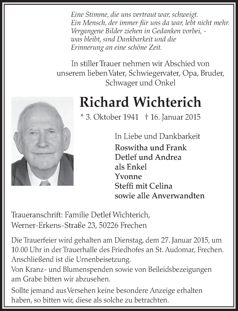  Traueranzeige für Richard Wichterich vom 24.01.2015 aus  Sonntags-Post 