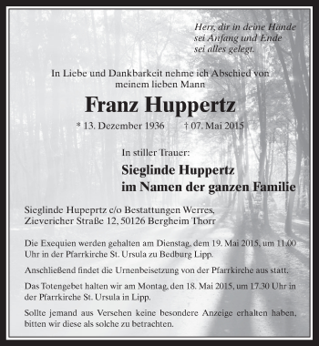 Anzeige von Franz Huppertz von  Werbepost 