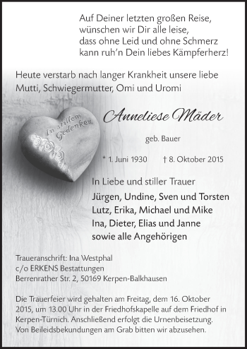 Anzeige von Anneliese Mäder von  Kölner Wochenspiegel  Werbepost 