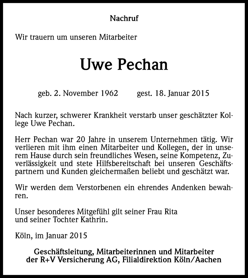  Traueranzeige für Uwe Pechan vom 31.01.2015 aus Kölner Stadt-Anzeiger / Kölnische Rundschau / Express