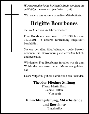 Anzeige von Brigitte Bourbones von Kölner Stadt-Anzeiger / Kölnische Rundschau / Express