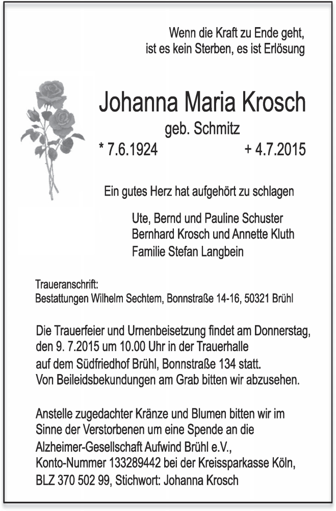  Traueranzeige für Johanna Maria Krosch vom 08.07.2015 aus  Schlossbote/Werbekurier 