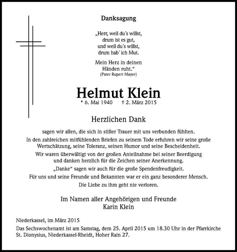  Traueranzeige für Helmut Klein vom 04.04.2015 aus Kölner Stadt-Anzeiger / Kölnische Rundschau / Express