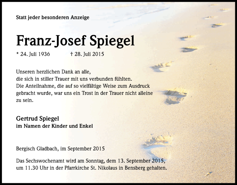  Traueranzeige für Franz-Josef Spiegel vom 05.09.2015 aus Kölner Stadt-Anzeiger / Kölnische Rundschau / Express