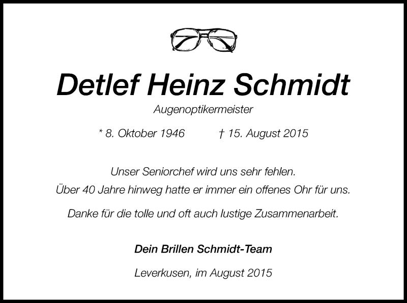  Traueranzeige für Detlef Heinz Schmidt vom 19.08.2015 aus Kölner Stadt-Anzeiger / Kölnische Rundschau / Express
