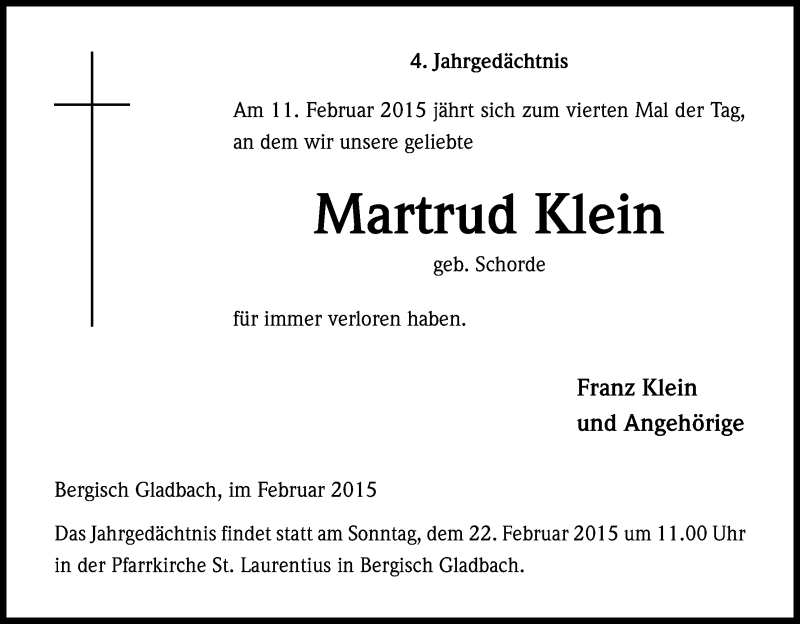  Traueranzeige für Martrud Klein vom 18.02.2015 aus Kölner Stadt-Anzeiger / Kölnische Rundschau / Express
