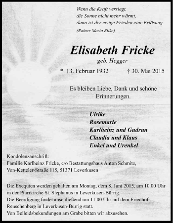 Anzeige von Elisabeth Fricke von Kölner Stadt-Anzeiger / Kölnische Rundschau / Express