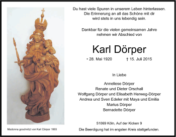 Anzeige von Karl Dörper von Kölner Stadt-Anzeiger / Kölnische Rundschau / Express