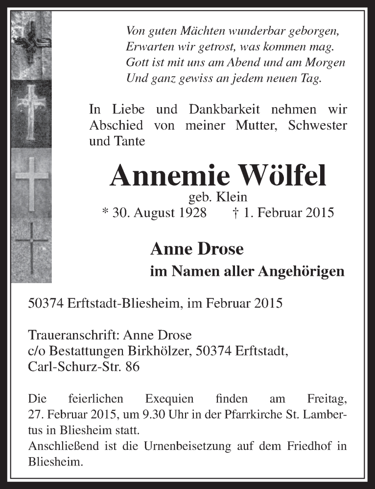  Traueranzeige für Annemie Wölfel vom 25.02.2015 aus  Werbepost 