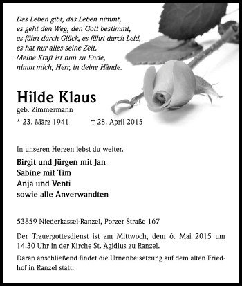 Anzeige von Hilde Klaus von Kölner Stadt-Anzeiger / Kölnische Rundschau / Express