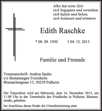 Anzeige von Edith Raschke von  Sonntags-Post 
