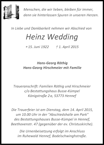 Anzeige von Heinz Wedding von Kölner Stadt-Anzeiger / Kölnische Rundschau / Express