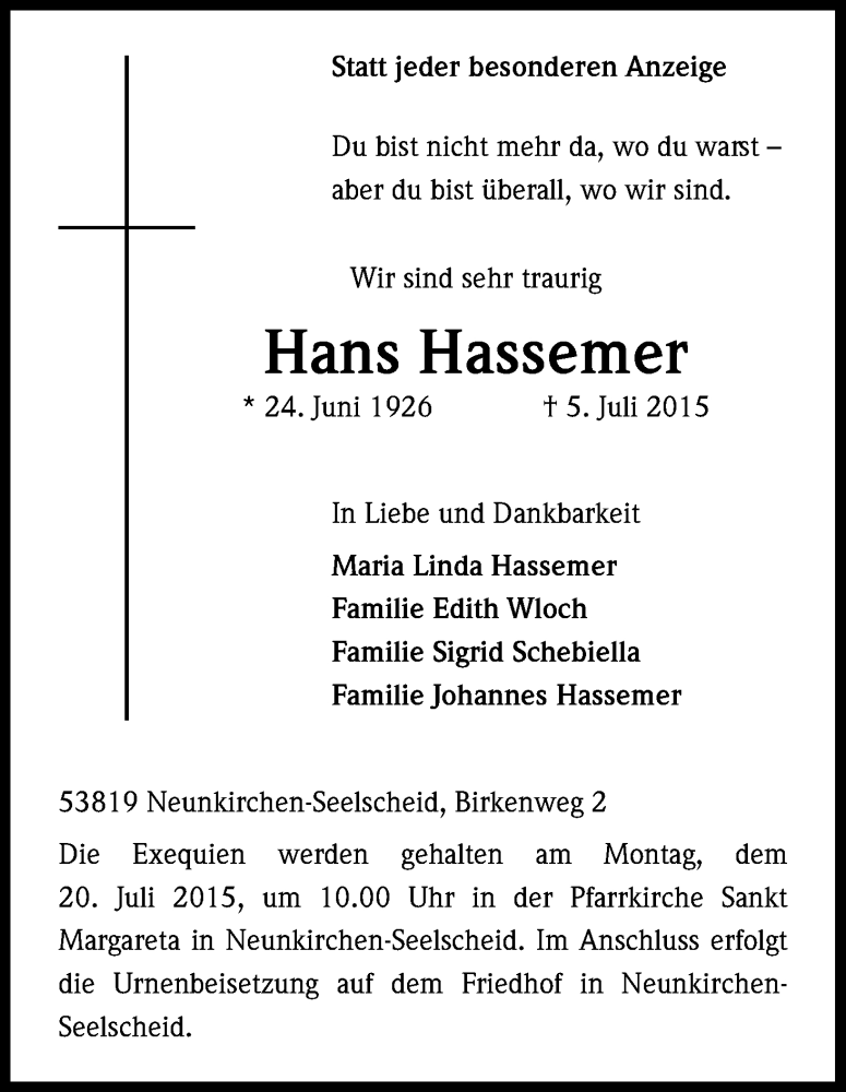 Traueranzeige für Hans Hassemer vom 13.07.2015 aus Kölner Stadt-Anzeiger / Kölnische Rundschau / Express
