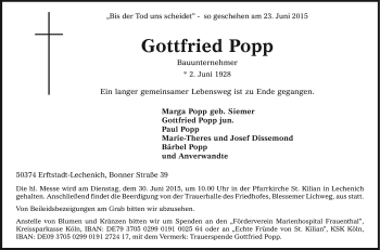 Anzeige von Gottfried Popp von Kölner Stadt-Anzeiger / Kölnische Rundschau / Express