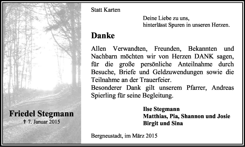  Traueranzeige für Friedel Stegmann vom 14.03.2015 aus Kölner Stadt-Anzeiger / Kölnische Rundschau / Express