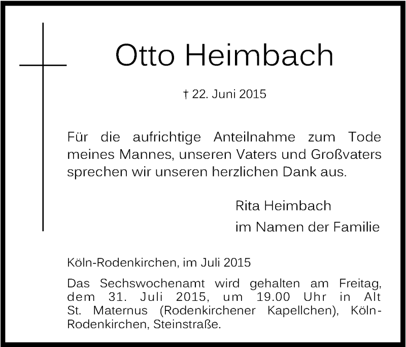  Traueranzeige für Otto Heimbach vom 18.07.2015 aus Kölner Stadt-Anzeiger / Kölnische Rundschau / Express