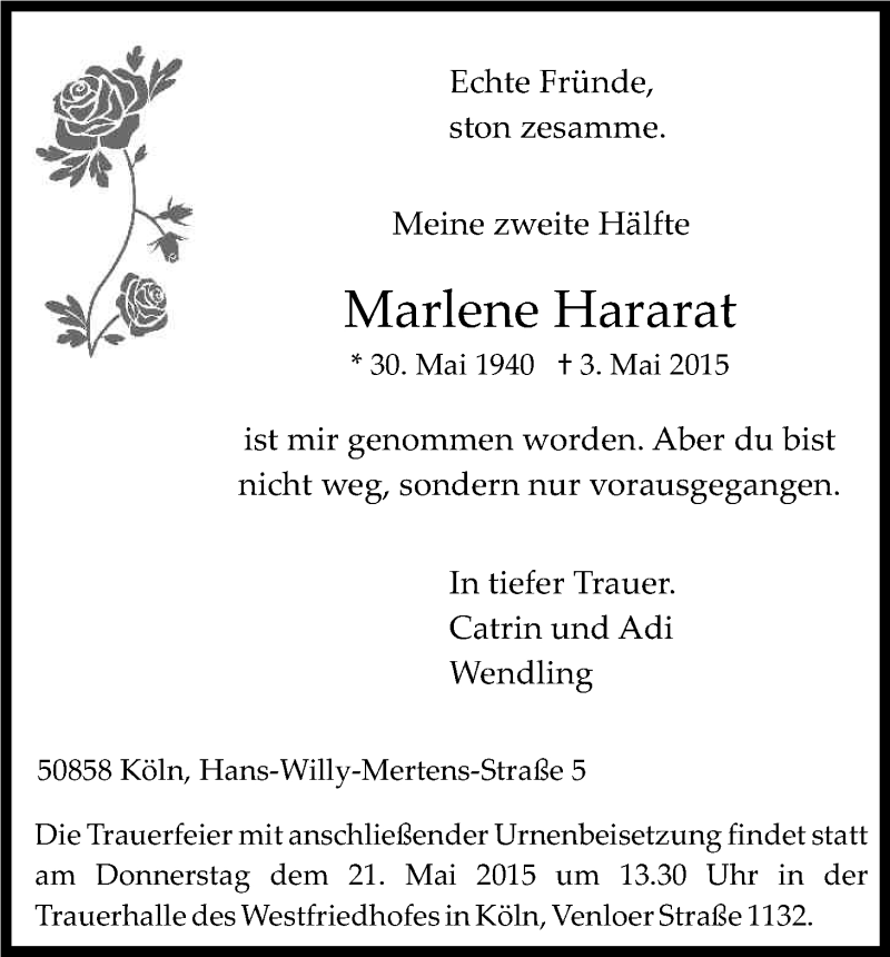  Traueranzeige für Marlene Hararat vom 16.05.2015 aus Kölner Stadt-Anzeiger / Kölnische Rundschau / Express