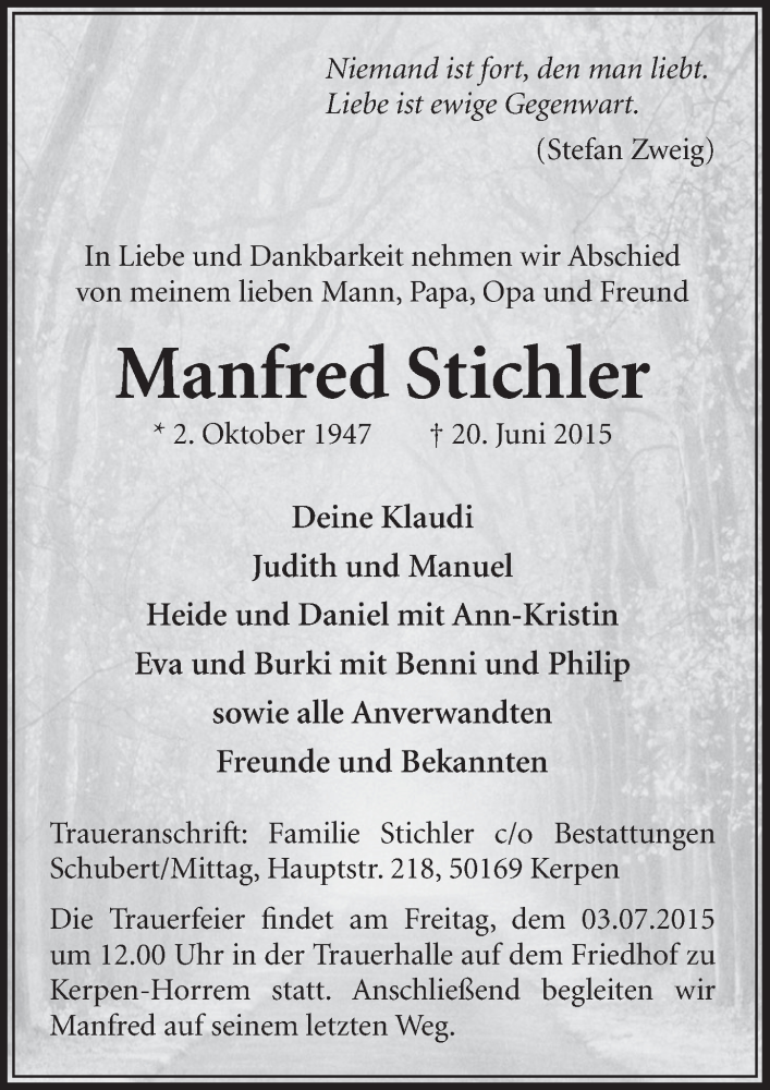  Traueranzeige für Manfred Stichler vom 27.06.2015 aus  Sonntags-Post 