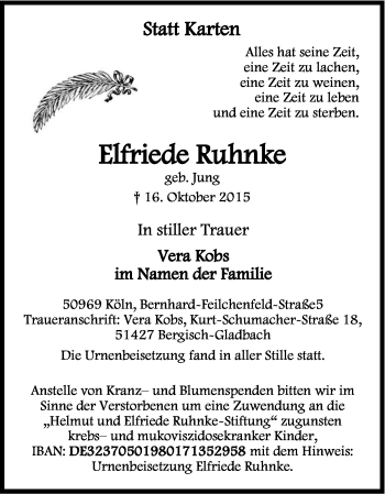 Anzeige von Elfriede Ruhnke von Kölner Stadt-Anzeiger / Kölnische Rundschau / Express