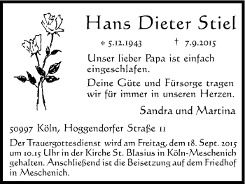 Anzeige von Hans Dieter Stiel von Kölner Stadt-Anzeiger / Kölnische Rundschau / Express