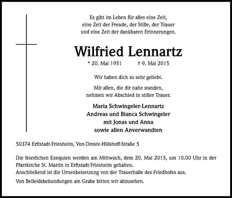  Traueranzeige für Wilfried Lennartz vom 13.05.2015 aus Kölner Stadt-Anzeiger / Kölnische Rundschau / Express