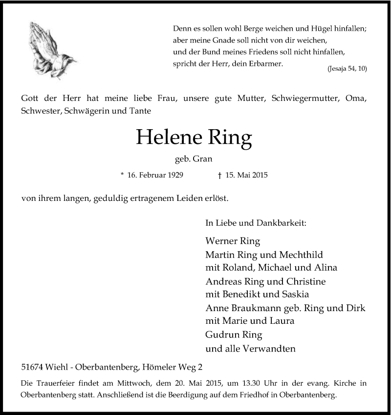  Traueranzeige für Helene Ring vom 16.05.2015 aus Kölner Stadt-Anzeiger / Kölnische Rundschau / Express