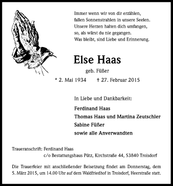 Anzeige von Else Haas von Kölner Stadt-Anzeiger / Kölnische Rundschau / Express