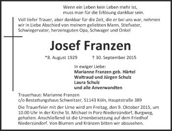 Anzeige von Josef Franzen von  Kölner Wochenspiegel 