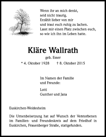 Anzeige von Kläre Wallrath von Kölner Stadt-Anzeiger / Kölnische Rundschau / Express