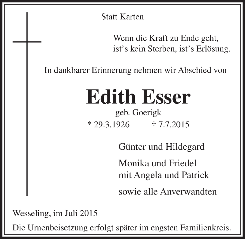  Traueranzeige für Edith Esser vom 15.07.2015 aus  Schlossbote/Werbekurier 