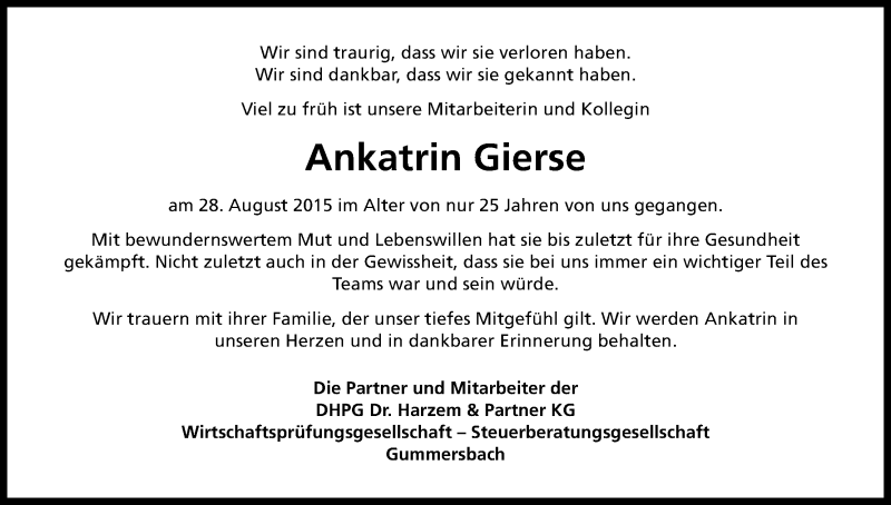  Traueranzeige für Ankatrin Gierse vom 12.09.2015 aus Kölner Stadt-Anzeiger / Kölnische Rundschau / Express
