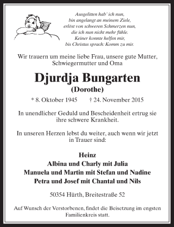 Anzeige von Djurdja Bungarten von  Wochenende  Werbepost 