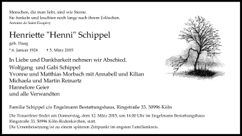 Anzeige von Henriette Schippel von Kölner Stadt-Anzeiger / Kölnische Rundschau / Express