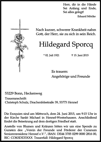 Anzeige von Hildegard Sporcq von Kölner Stadt-Anzeiger / Kölnische Rundschau / Express