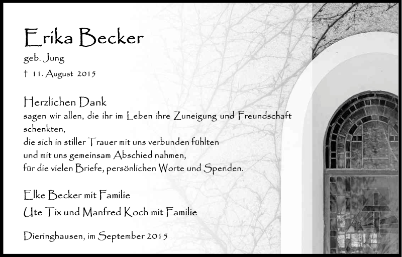  Traueranzeige für Erika Becker vom 26.09.2015 aus Kölner Stadt-Anzeiger / Kölnische Rundschau / Express