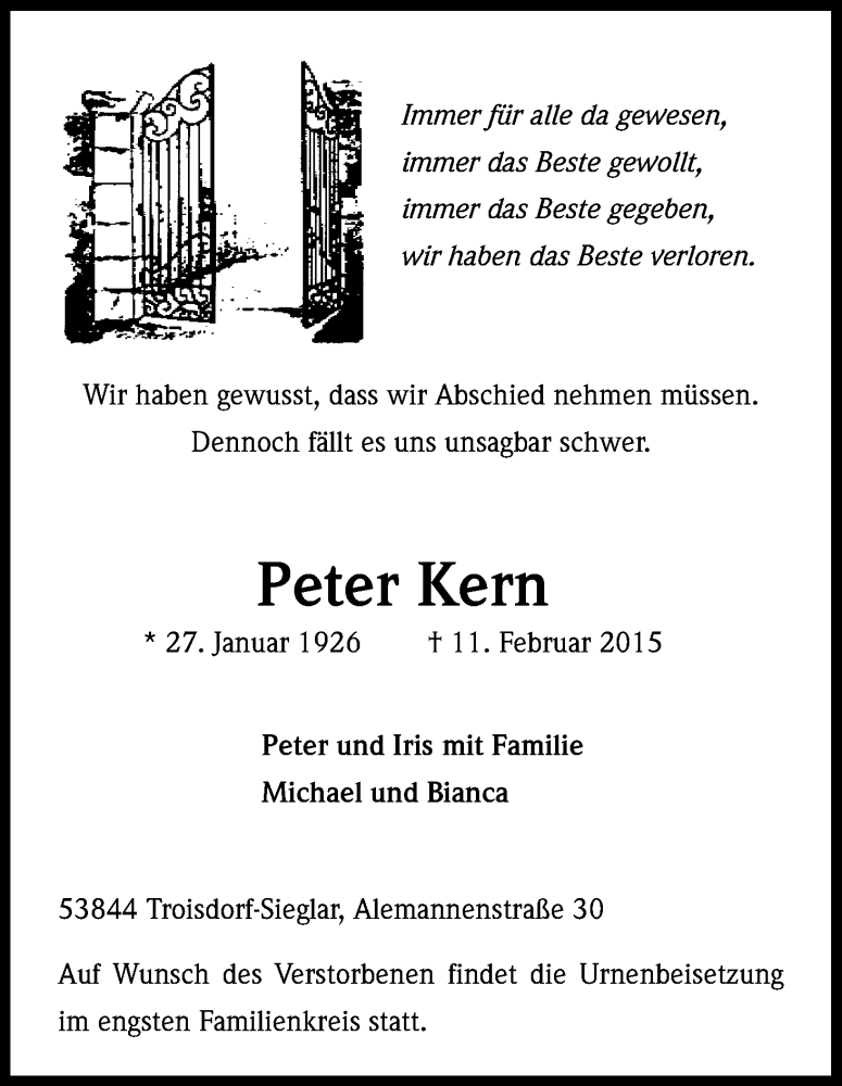  Traueranzeige für Peter Kern vom 14.02.2015 aus Kölner Stadt-Anzeiger / Kölnische Rundschau / Express