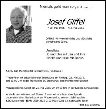 Anzeige von Josef Giffel von Kölner Stadt-Anzeiger / Kölnische Rundschau / Express