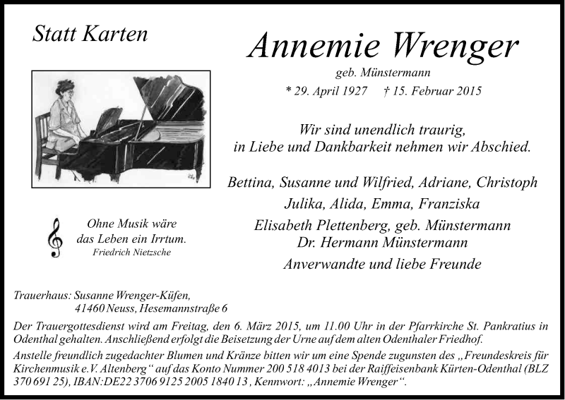  Traueranzeige für Annemie Wrenger vom 03.03.2015 aus Kölner Stadt-Anzeiger / Kölnische Rundschau / Express