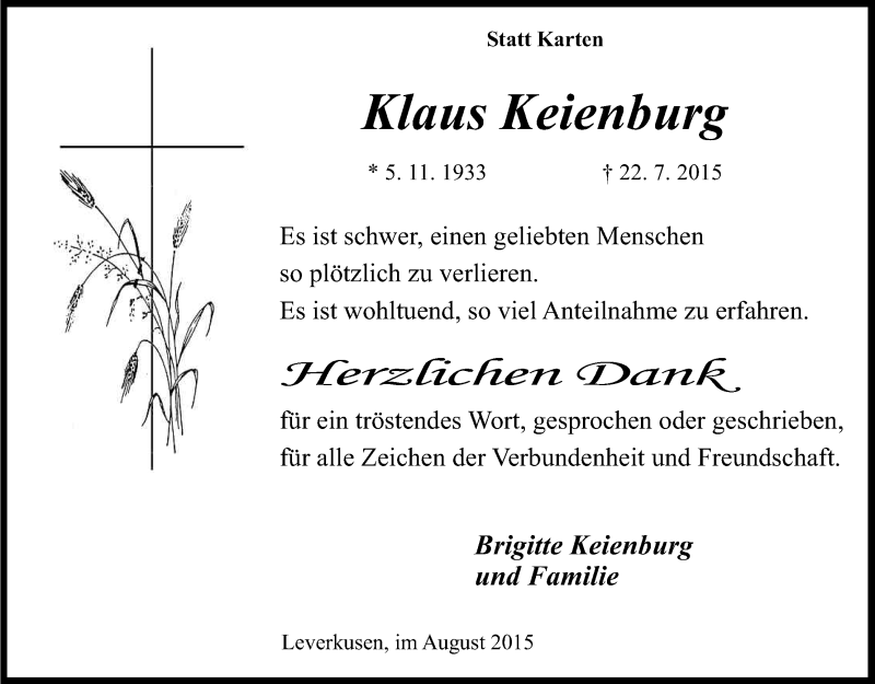  Traueranzeige für Klaus Keienburg vom 22.08.2015 aus Kölner Stadt-Anzeiger / Kölnische Rundschau / Express